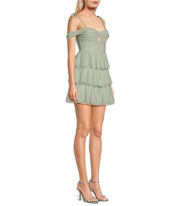 Honey and Rosie Sweetheart Off Shoulder Mesh Drape Ruffle Skirt Dress Product Image