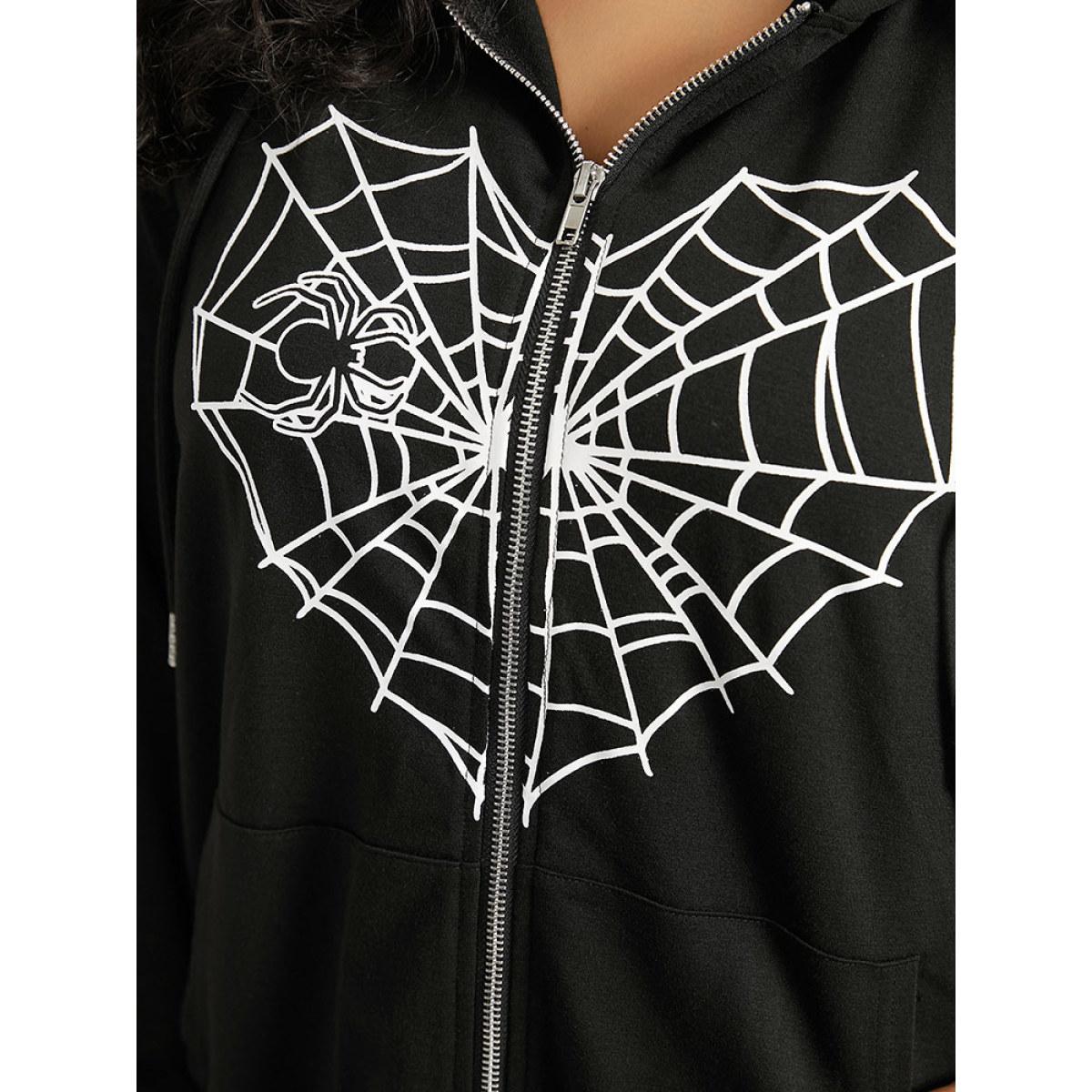 Plus Size Halloween Spider Web Print Pocket Zipper Sweatshirt Women Black Casual Elastic cuffs Festival-Halloween Sweatshirts BloomChic 28/5X Product Image