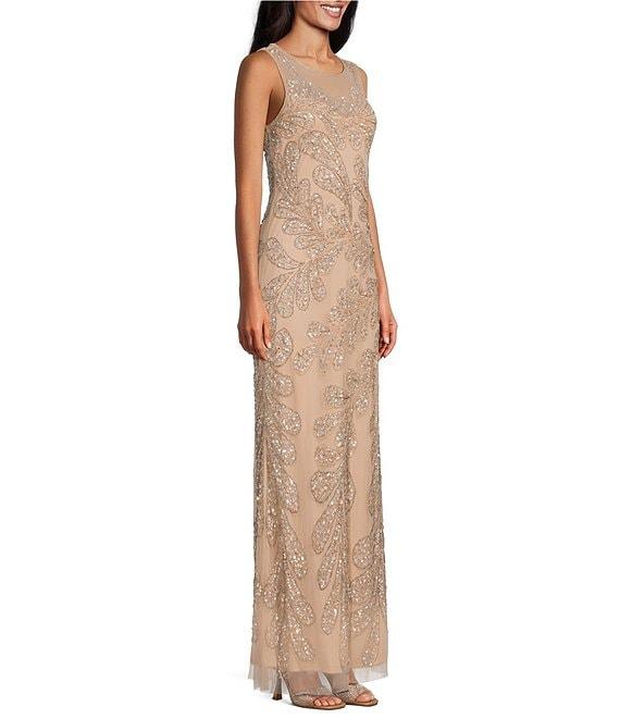 Pisarro Nights Mesh Beaded Floral Print Crew Neck Sleeveless Sheath Gown Product Image
