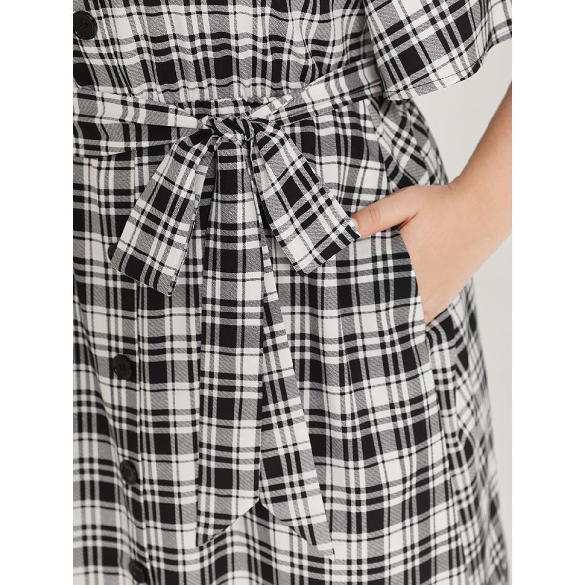 Plus Size Plaid Belted Pocket Button Detail Square Neck Dress Black Women Office Belted Square Neck Short sleeve Curvy Midi Dress BloomChic 26/4X Product Image