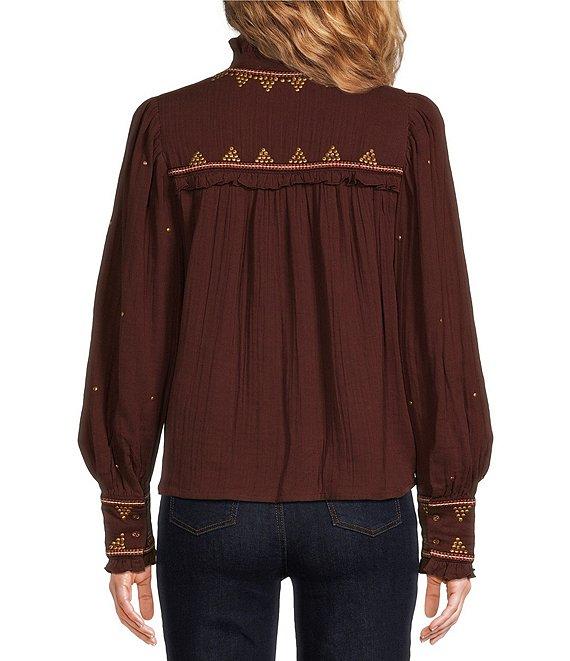 A Loves A Gauze Embroidery Split V-Neck Long Sleeve Button Front Blouse Product Image