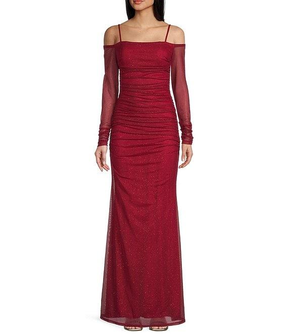 Pear Culture Glitter Mesh Off The Shoulder Long Sleeve Dress Product Image