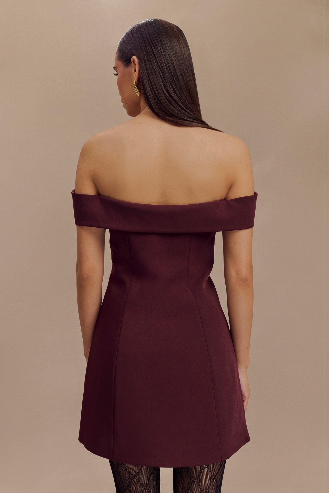 Noelle Off Shoulder Suiting Mini Dress - Mahogany Product Image