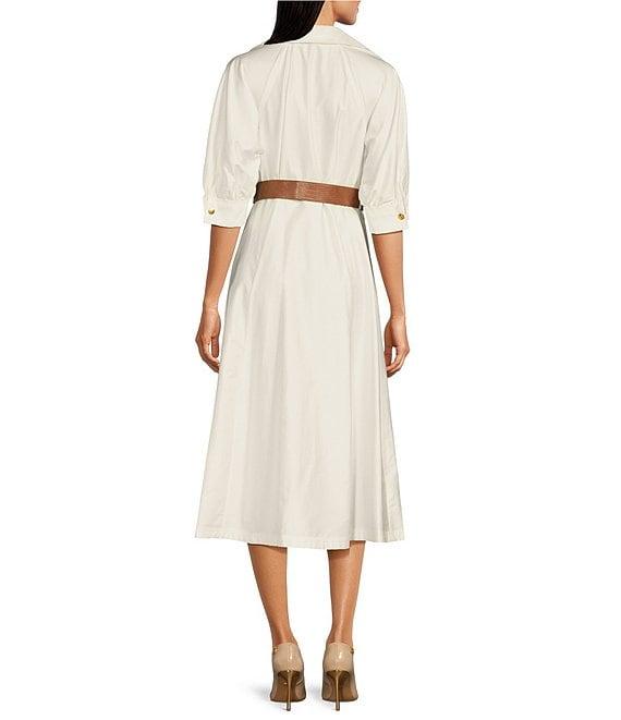 Donna Karan Cotton Sateen Collared Neck Short Sleeve Belted Midi Shirt Dress Product Image