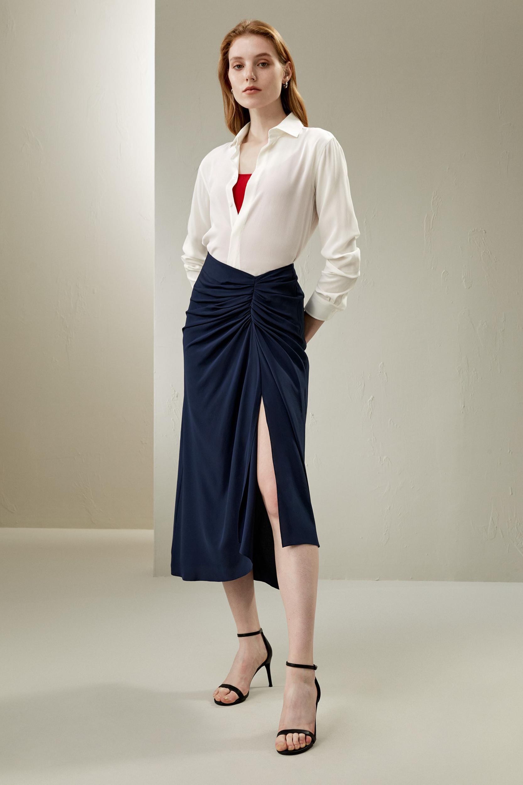 Tucked Drape Silk Midi Skirt Product Image