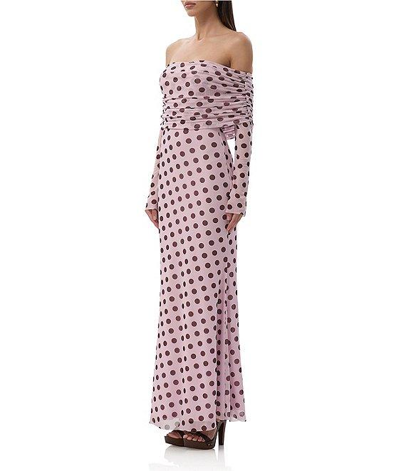AFRM Thelma Dot Print Off-The-Shoulder Long Sleeve Mesh Maxi Dress Product Image