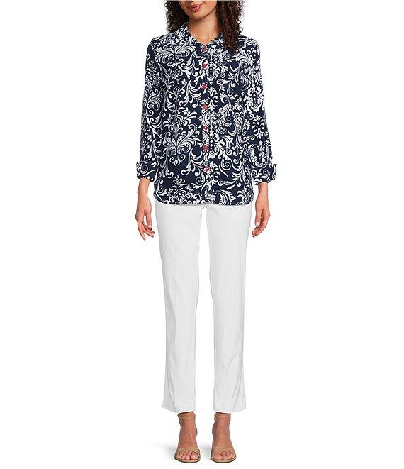 Ali Miles Woven Vintage Floral Point Collar 3/4 Sleeve Button Front Tunic Product Image