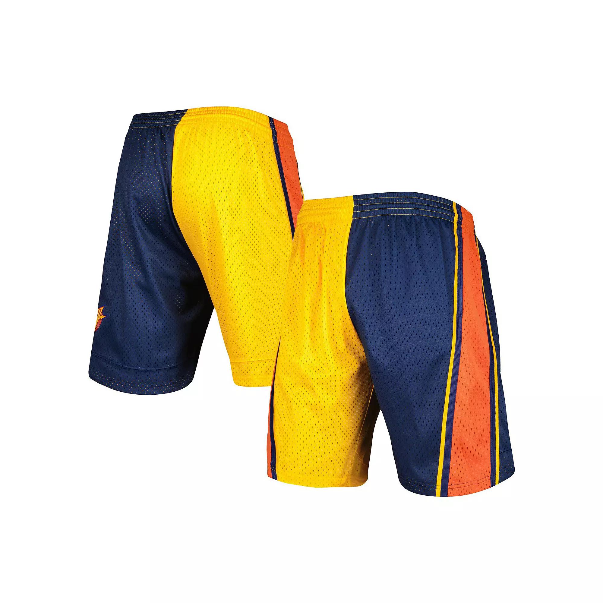 Men's Mitchell & Ness Navy/Gold Golden State Warriors Hardwood Classics 2009 Split Swingman Shorts,  Product Image