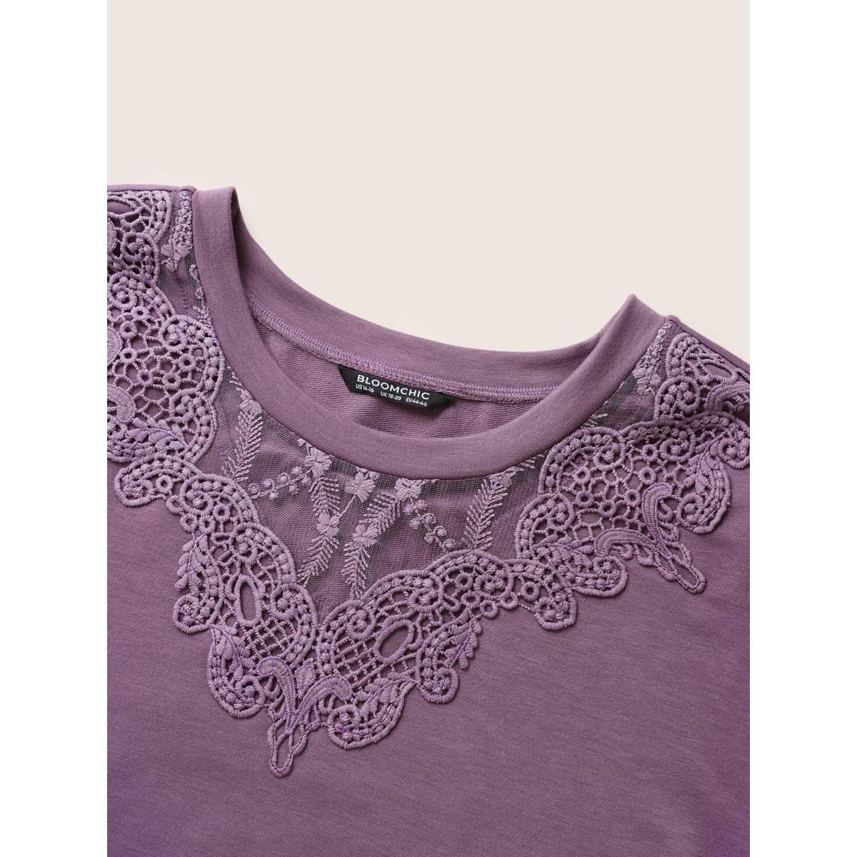 Plus Size Round Neck Lace Patchwork Sweatshirt Women Mauve Casual See through Round Neck Everyday Sweatshirts BloomChic 28/5X Product Image