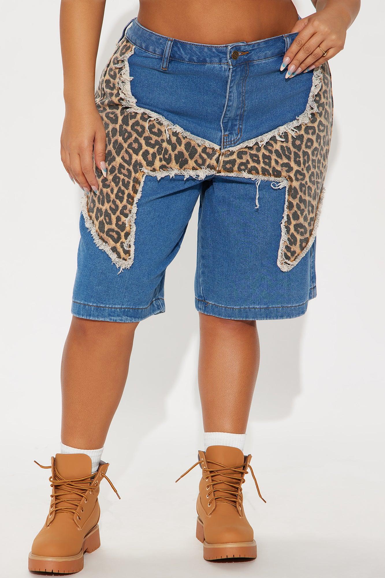 Spotted Soul Leopard Denim Jorts - Medium Wash Female Product Image