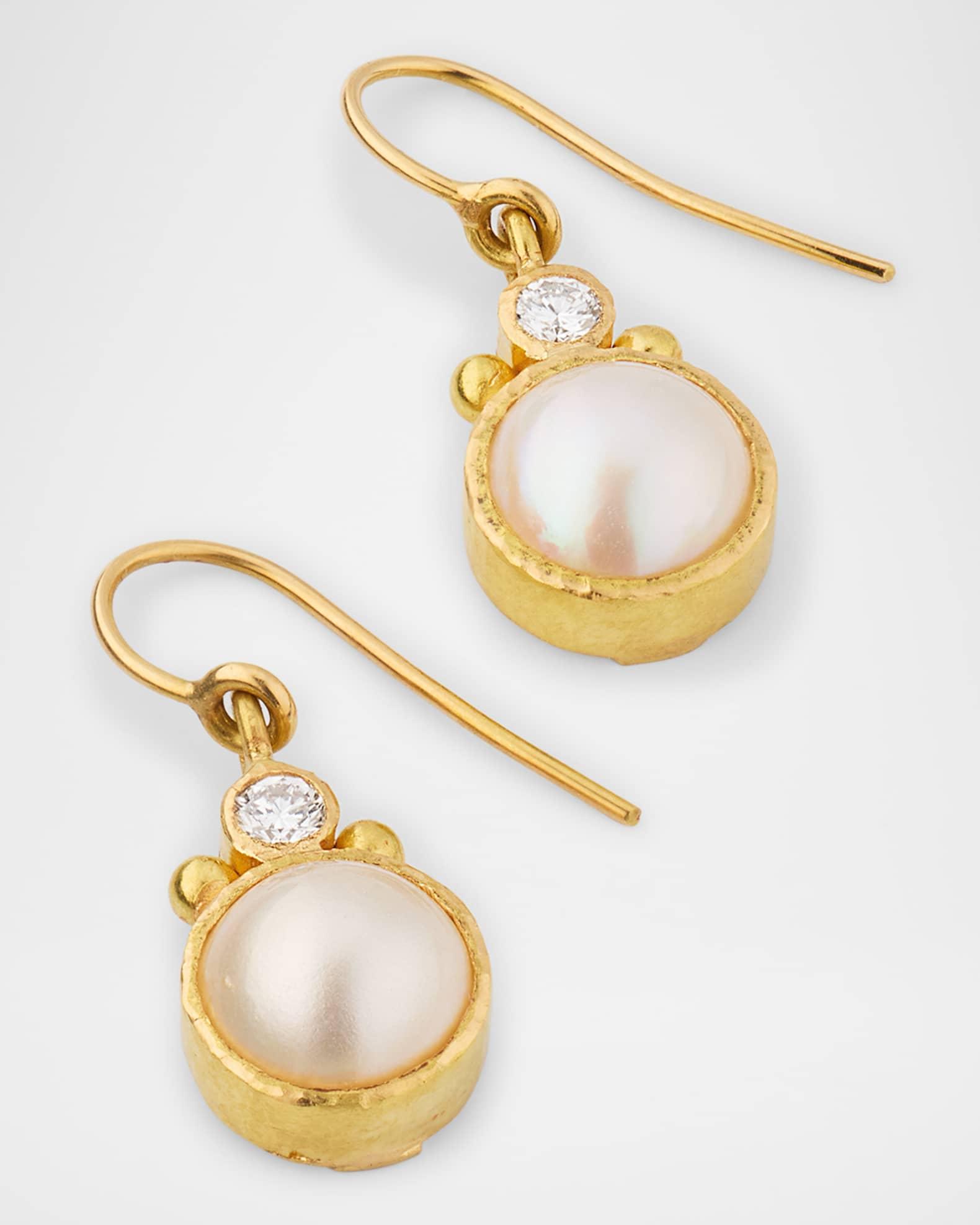 19K Yellow Gold White Mabe Pearl Earrings with Diamonds and Dots Product Image