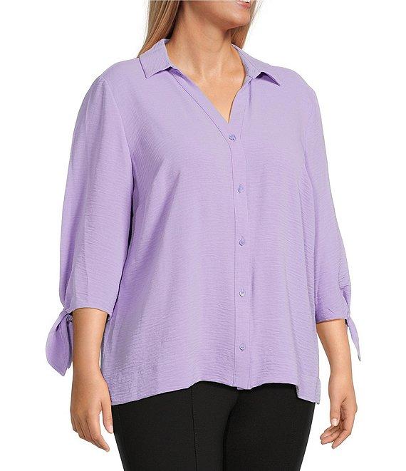 Slim Factor by Investments Plus Size Nicole Point Collar Y-Neck 3/4 Tie Sleeve Button Front Top Product Image