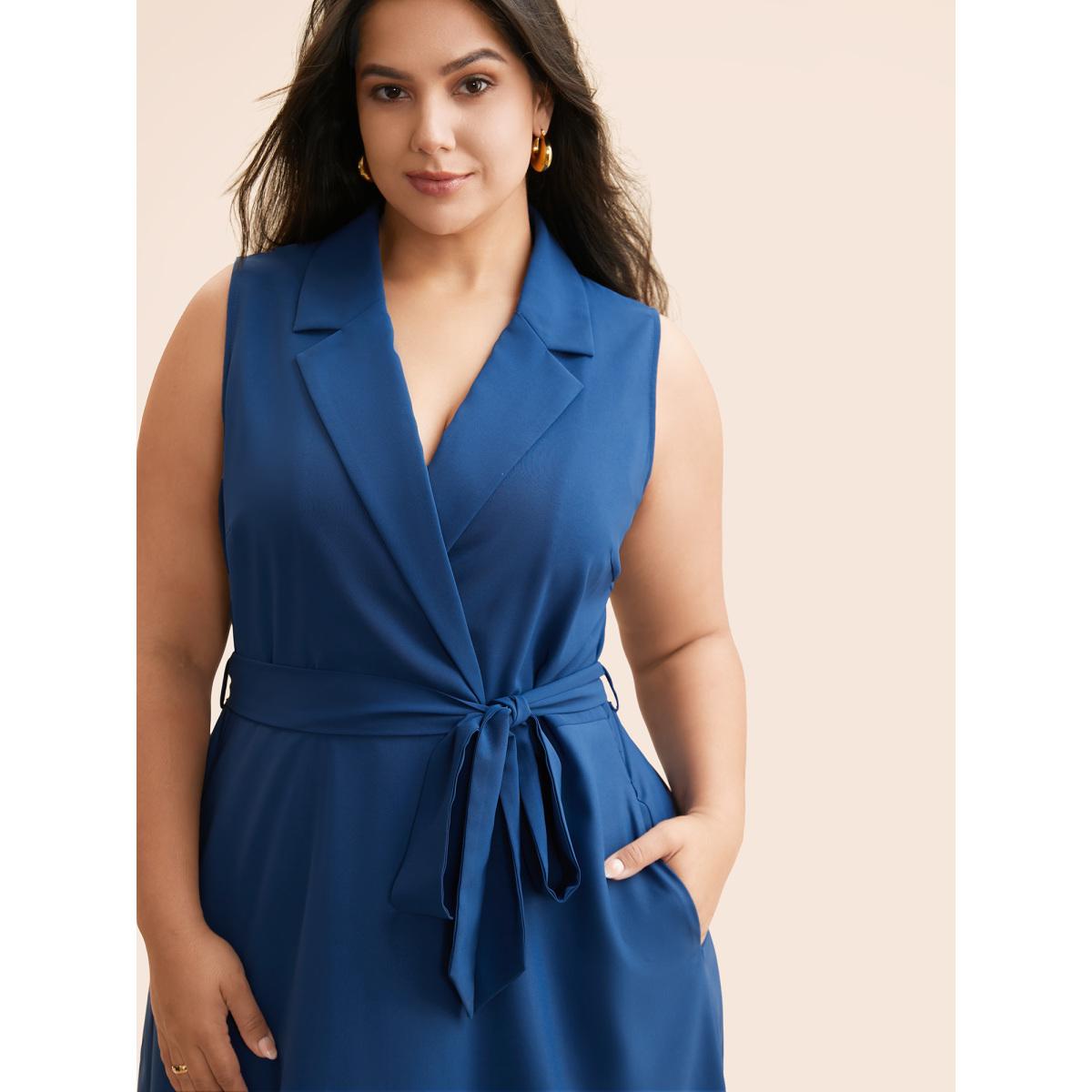 Plus Size Suit Collar Floral Belted Sleeveless Dress DarkBlue Women At the Office Belted Suit Collar Sleeveless Curvy BloomChic 26/4X Product Image