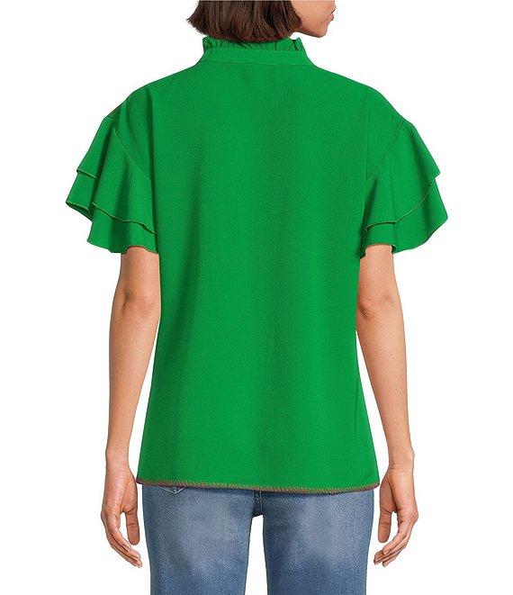 Calessa Petite Size Embroidered Ruffle Double Layer Short Sleeve Top Product Image