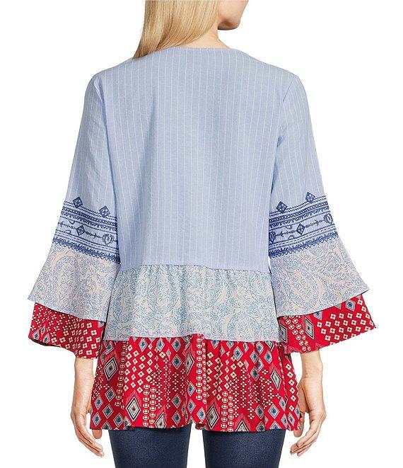 Calessa Patchwork Print Embroidered Split Round Neck 3/4 Tiered Ruffle Sleeve Tunic Product Image