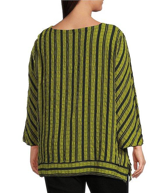 Ali Miles Plus Size Textured Yarn-Dye Woven Stripe Round Neck 3/4 Sleeve Tunic Product Image