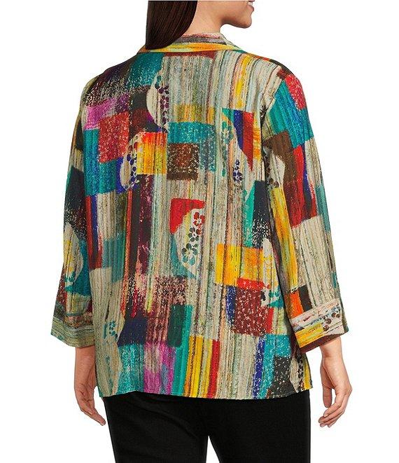 Ali Miles Plus Size Woven Abstract Multi Print Point Collar 3/4 Cuff Sleeve Button Front Tunic Product Image