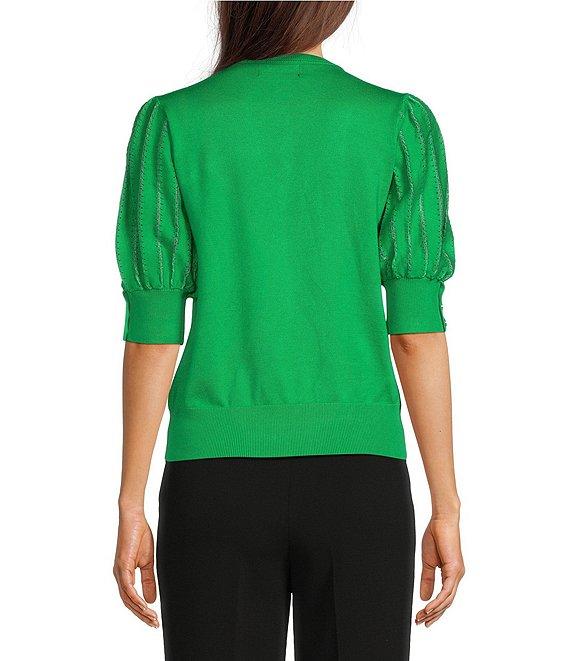 KARL LAGERFELD PARIS Knit Solid V-Neck Short Stripe Puff Sleeve Sweater Product Image