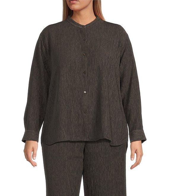 Eileen Fisher Plus Coordinating Plisse Mandarin Collar Long Sleeve Button Front Shirt Product Image