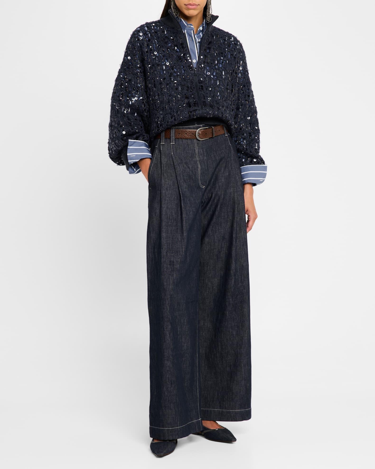 Wool-Cashmere Paillette Open-Knit Zip Cardigan Product Image