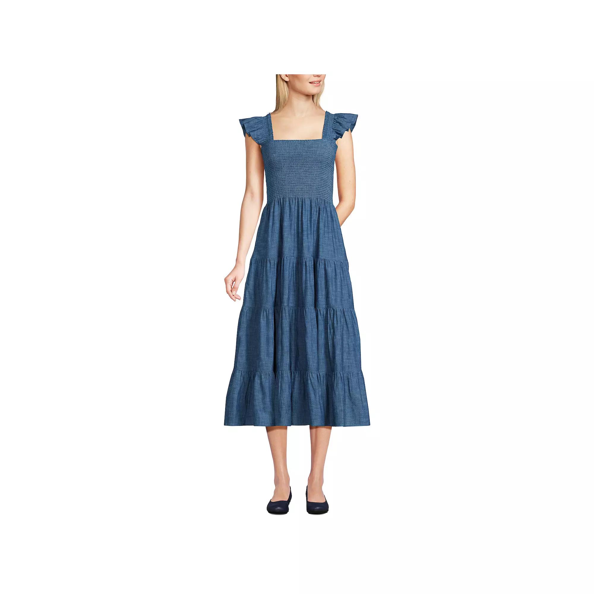 Women's Lands' End Chambray Smocked Ruffle Shoulder Midi Dress,  Product Image
