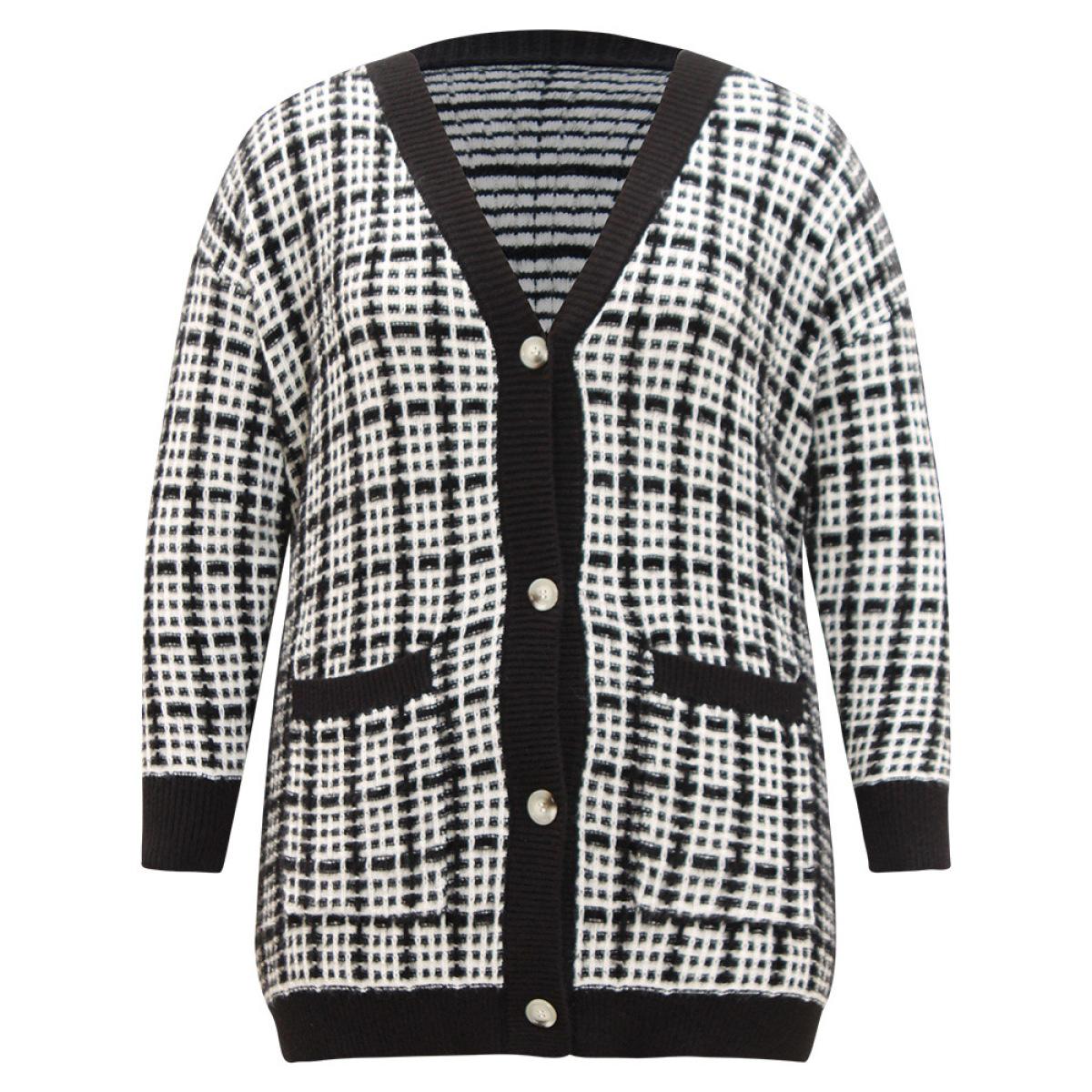 Plus Size Plaid Button Down Patched Pocket Cardigan Black Women Casual Loose Long Sleeve Dailywear Cardigans BloomChic 12/L Product Image