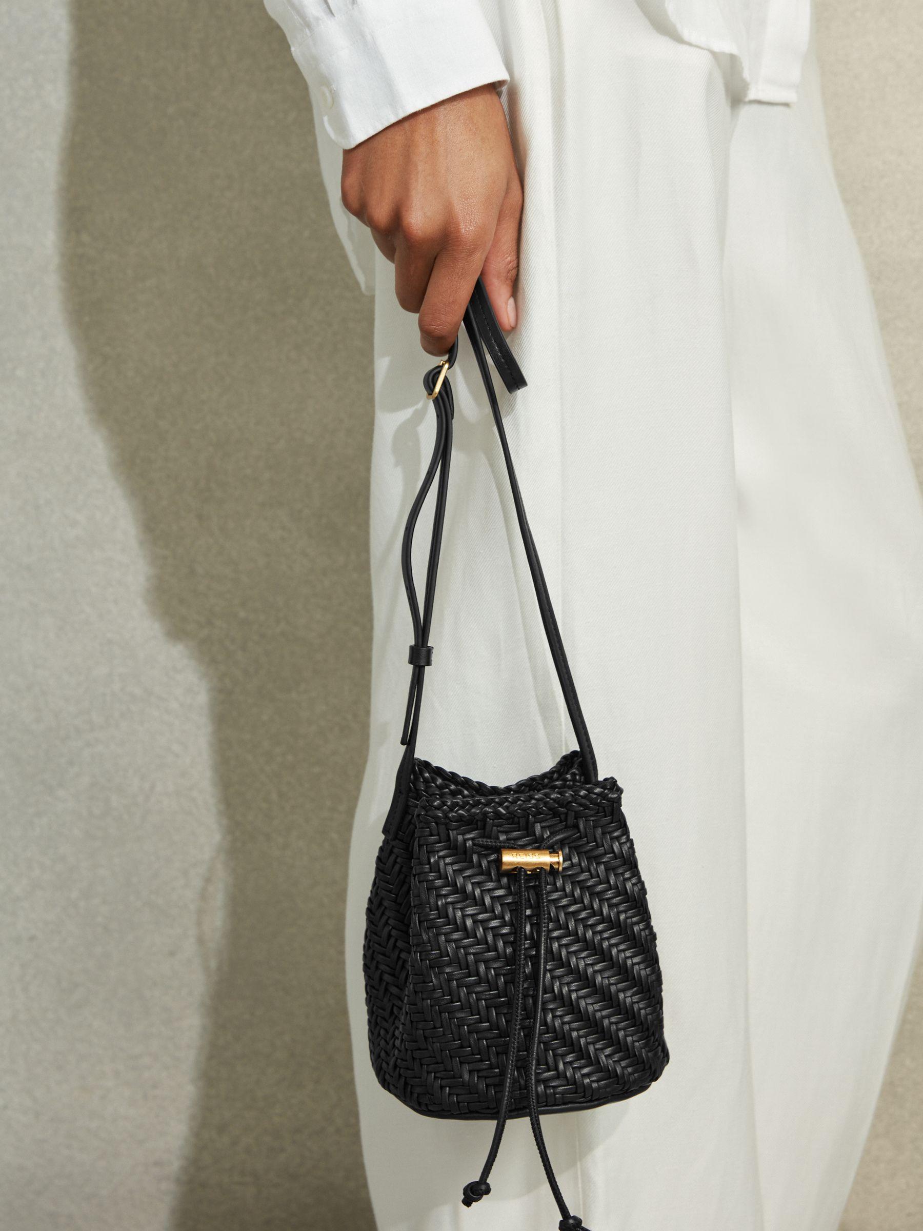 Woven Leather Bucket Bag in Black Product Image