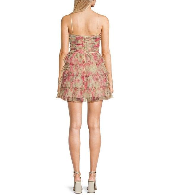 B. Darlin Printed Mesh Spaghetti Strap Sweetheart Ruffle Skirt Rosette Dress Product Image
