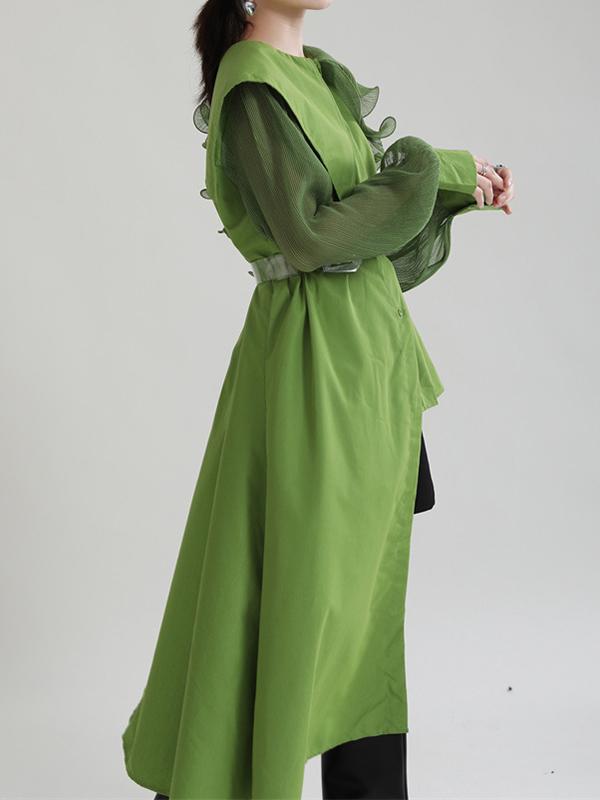 Long Sleeves Loose Asymmetric Pleated Solid Color Split-Joint Falbala Lapel Blouses&Shirts Tops Product Image