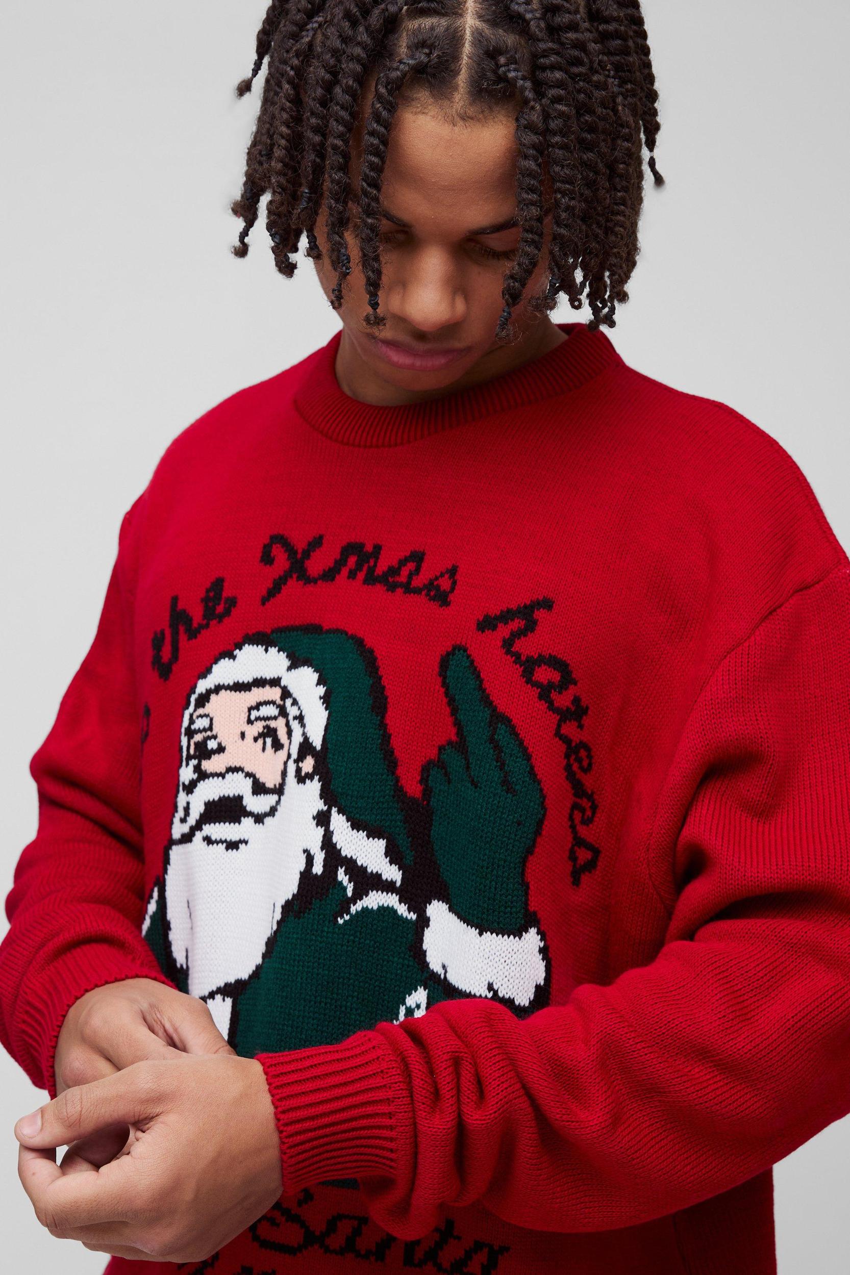 Oversized Boxy Love Santa Christmas Knitted Sweater | boohooMAN USA Product Image