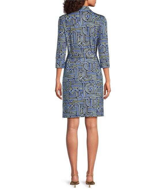 J.McLaughlin Brynn Abstract Printed Knit Point Collar 3/4 Sleeve Button Front Shirt Dress Product Image