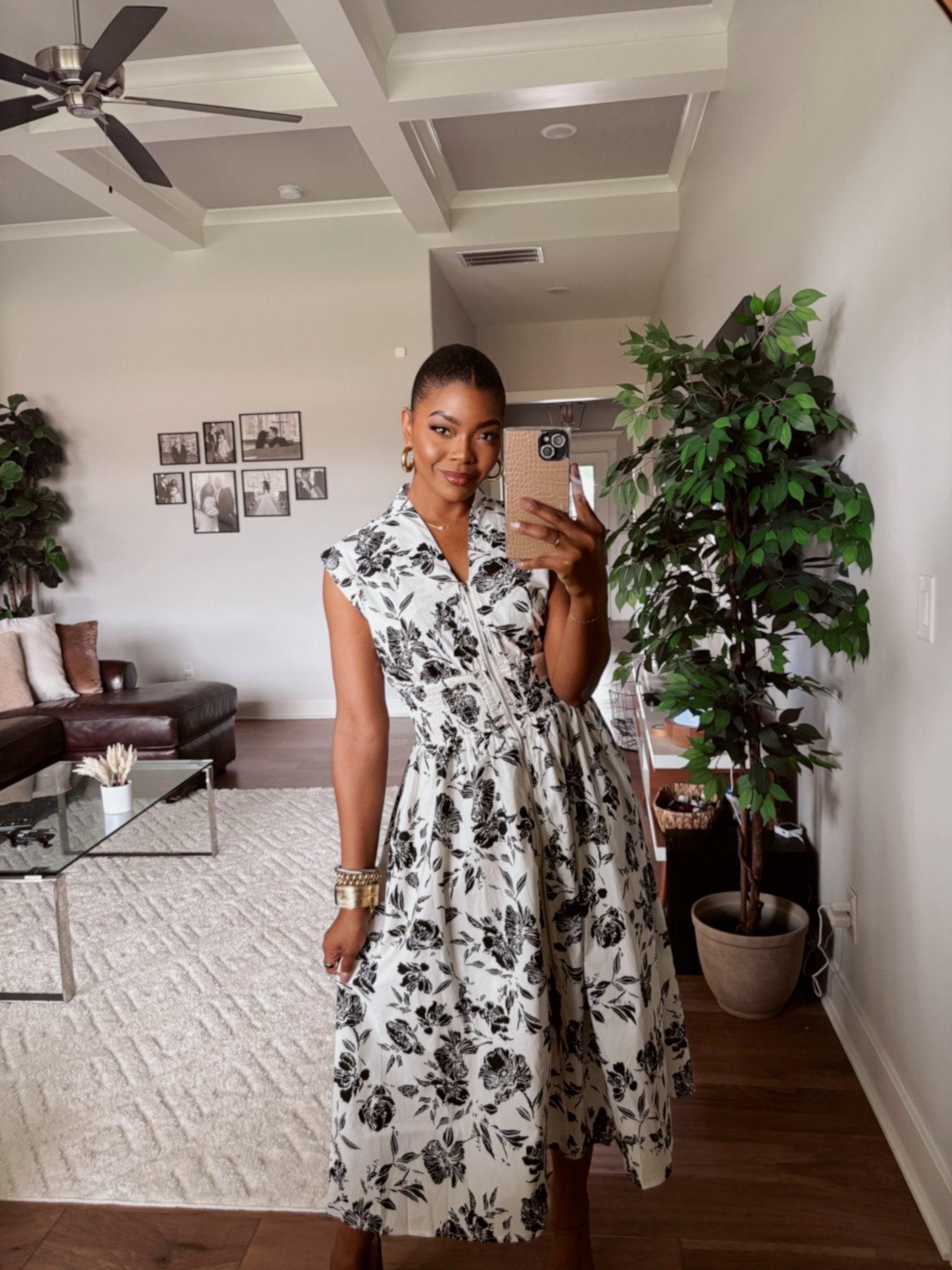 White and Black Floral Print Smocked Midi Dress Product Image