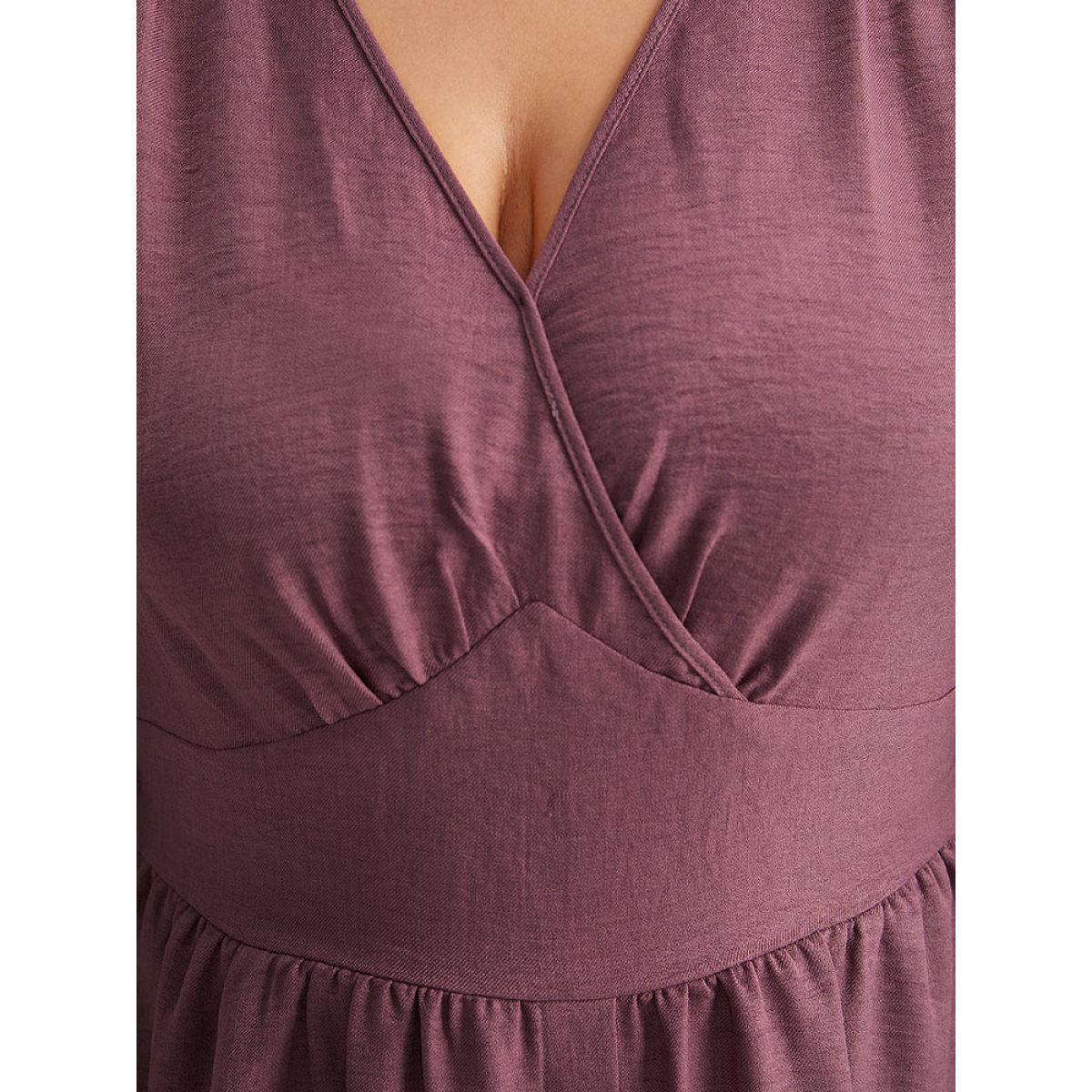 Plus Size Twill Gathered Button Detail Lantern Sleeve Dress DustyPink Women Casual Elastic cuffs V-neck Long Sleeve Curvy Midi Dress BloomChic 10/M Product Image