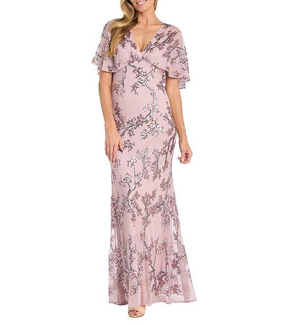R & M Richards V Neck Flutter Sleeve Floral Embroidered Sequin Power Mesh A Line Gown Product Image