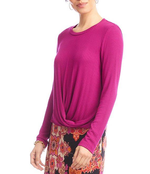 Karen Kane Ribbed Knit Crew Long Sleeved Drape Front Crossover Top Product Image
