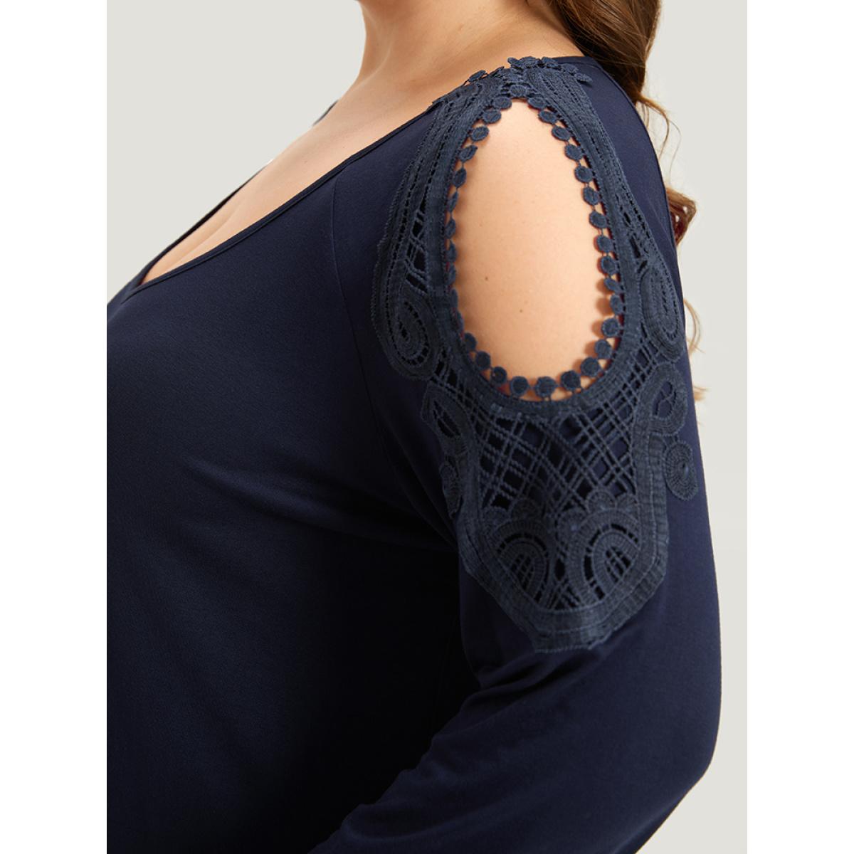 Plus Size Supersoft Essentials Cold Shoulder Eyelet Lace T-shirt Indigo Women Elegant Plain Plain V-neck Dailywear T-shirts BloomChic 14-16/1X Product Image