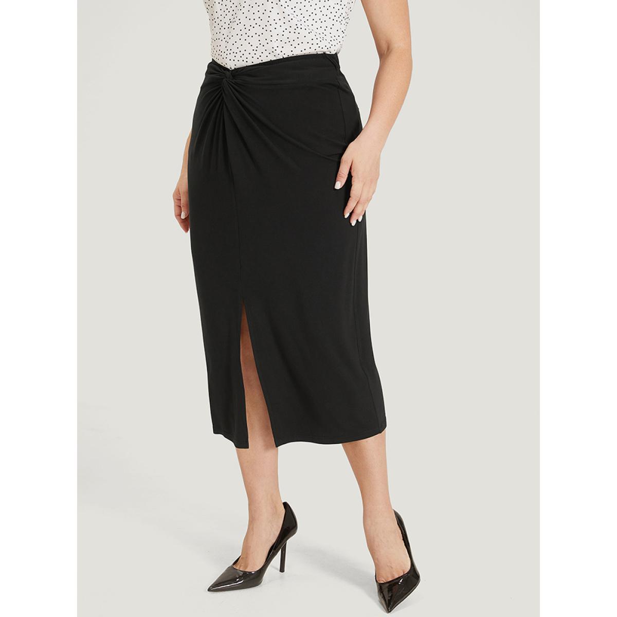 Plus Size Plain Twist Front Split Hem Midi Skirt Women Black Office Plain Low stretch Work Skirts BloomChic 30/6X Product Image