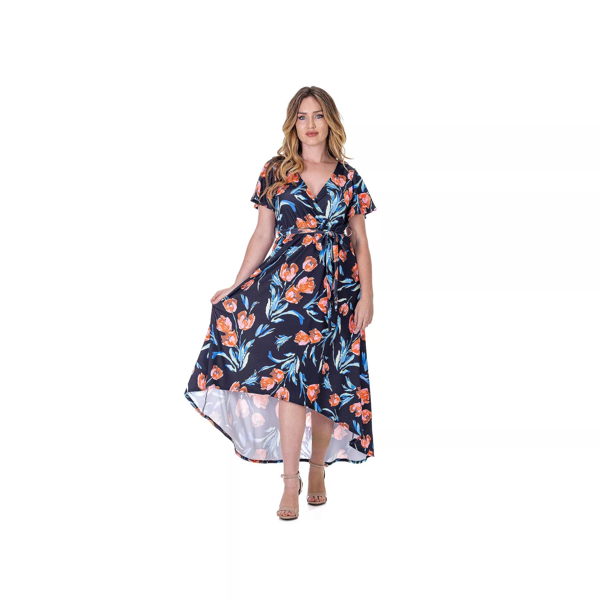 Women's 24Seven Comfort Apparel V Neck Belted High Low Faux Wrap Dress,  Product Image