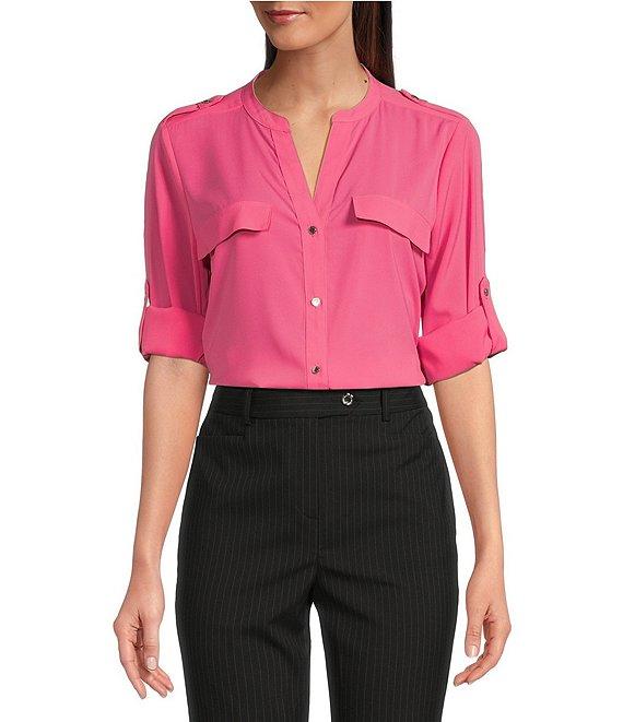 Calvin Klein Crew Neck Roll Sleeve Button Front Blouse Product Image
