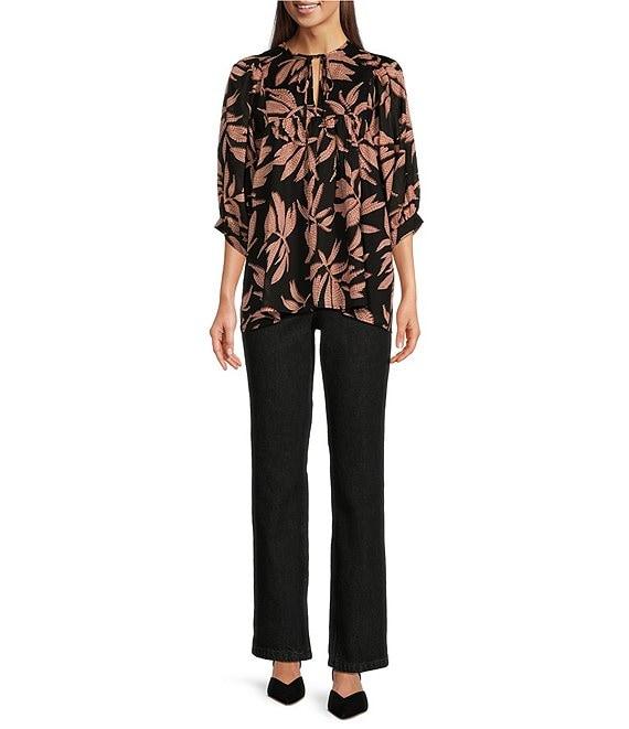 J.Marie Maria Woven Leaf Print Split Round Tie Neck 3/4#double; Puff Sleeve Flounce Tunic Product Image