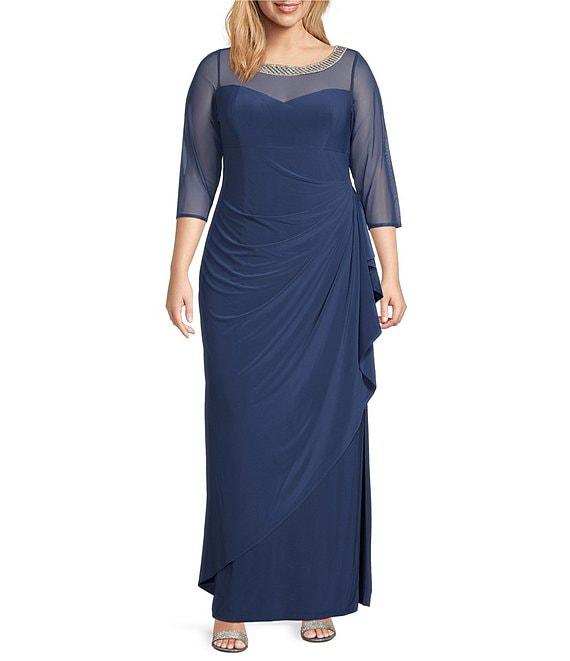 Alex Evenings Plus Size 3/4 Sleeve Illusion Sweetheart Neck Side Slit Ruched Gown Product Image