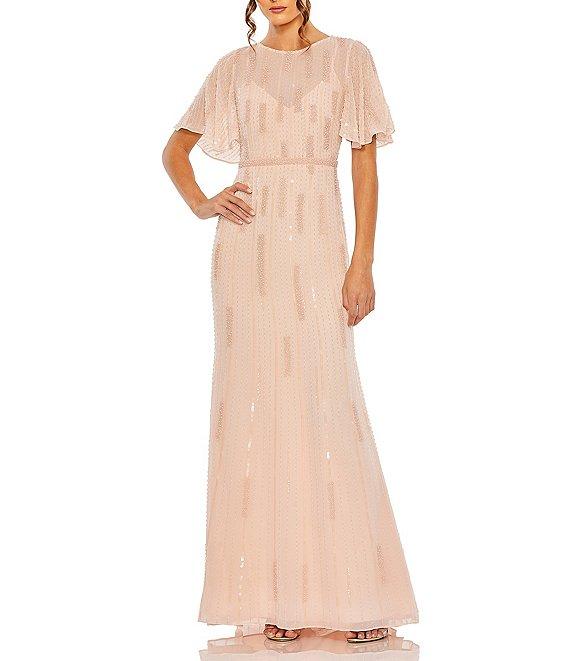 Mac Duggal High Neck Flutter Sleeve Embellished Mesh Sheath Gown Product Image