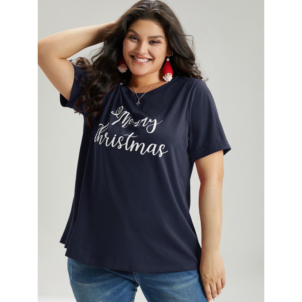 Plus Size Christmas Print Round Neck T-shirt Indigo Women Casual Printed Christmas Festival-Christmas T-shirts BloomChic 18-20/2X Product Image