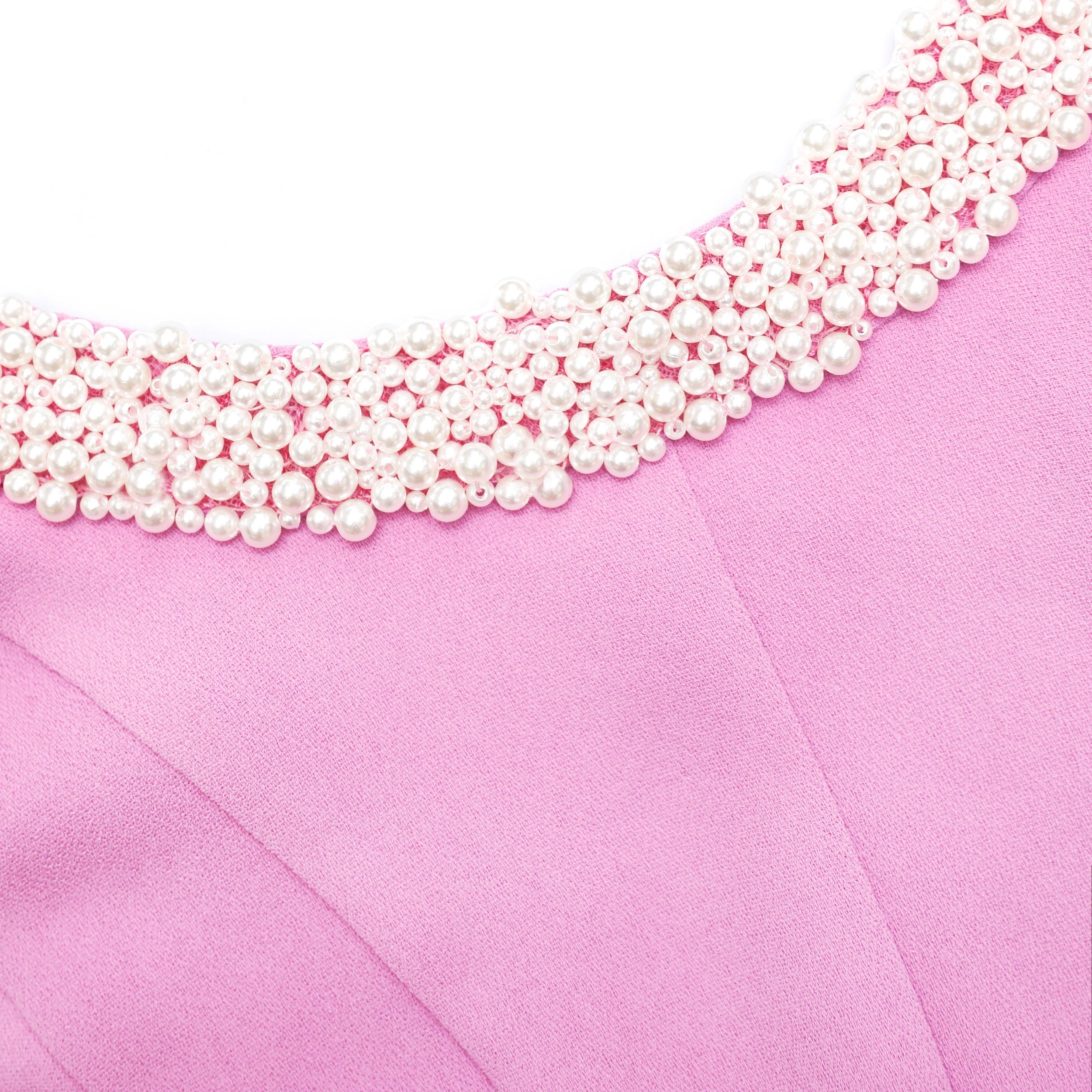 Pink Crepe Pearl Trim Midi Dress Product Image