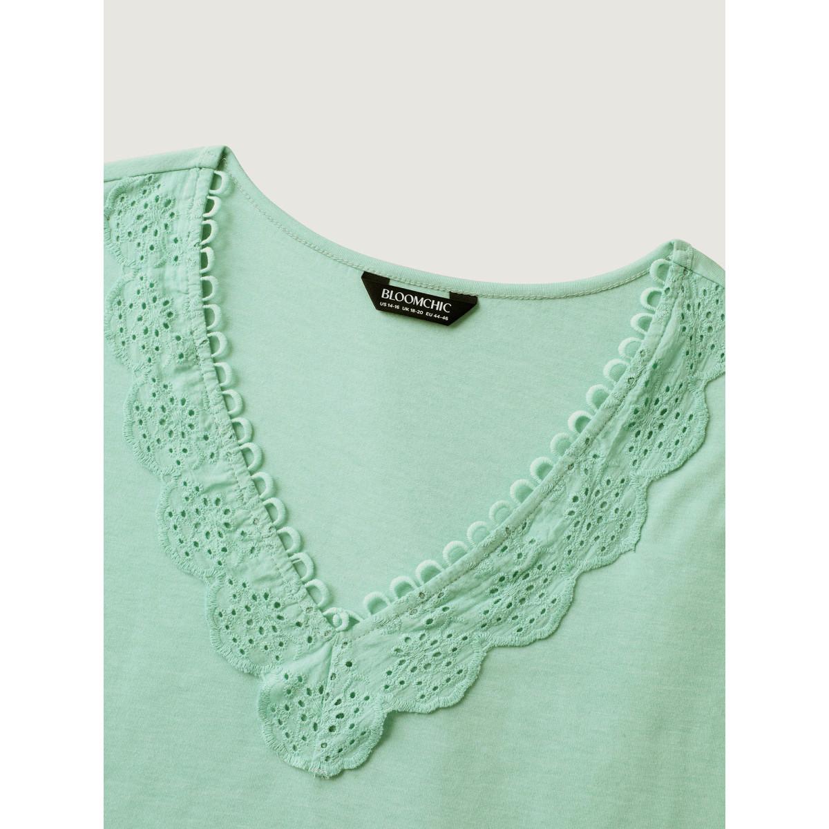 Plus Size Webbed Lace V-Neck Solid T-Shirt Mint Women Woven ribbon&lace trim V-neck Elegant T-shirts BloomChic 28/5X Product Image