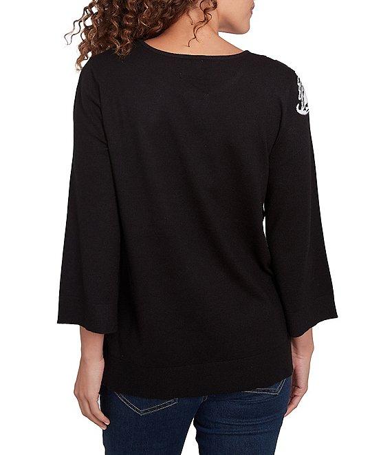 Ruby Rd. Jacquard Paisley Floral Keyhole Neck 3/4 Sleeve Sweater Product Image