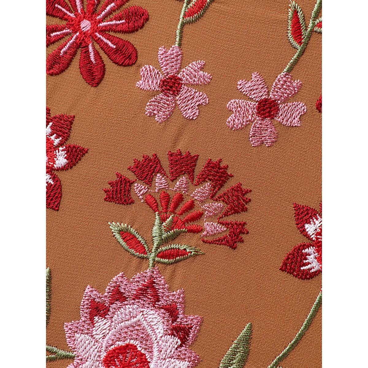 Plus Size Chiffon Floral Embroidered Tiered Midi Dress Bronze Women Boho Embroidered Notched collar Cap Sleeve Curvy BloomChic 10/M Product Image