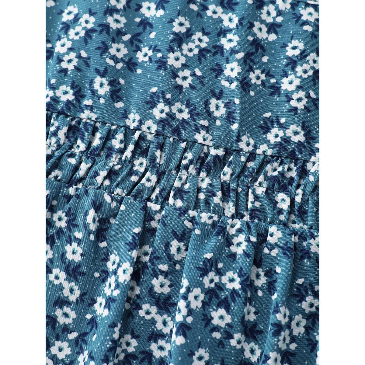 Plus Size Cerulean Floral Print Ruched Round Neck Blouse Women Leisure Long Sleeve Round Neck Casual Blouses BloomChic 30/6X Product Image