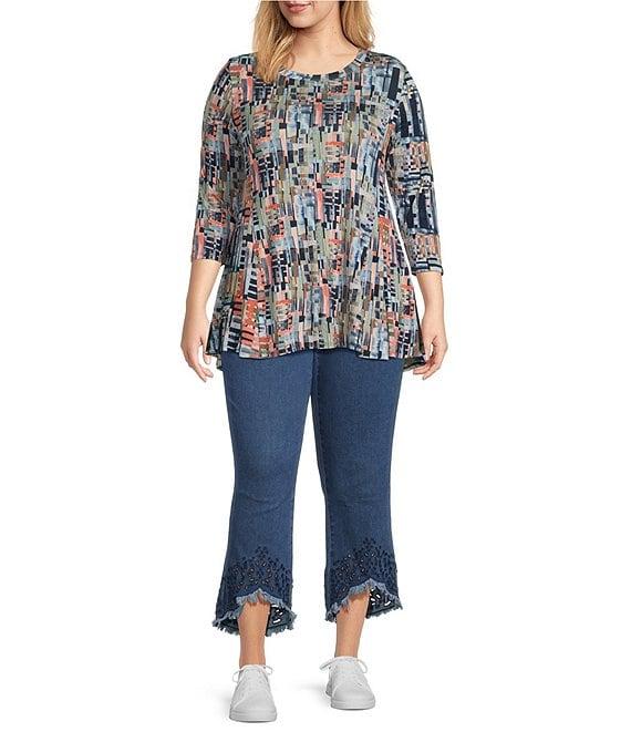 Intro Plus Size Straight Leg Tulip Eyelet Embroidered Frayed Hem Pull-On Ankle Pants Product Image