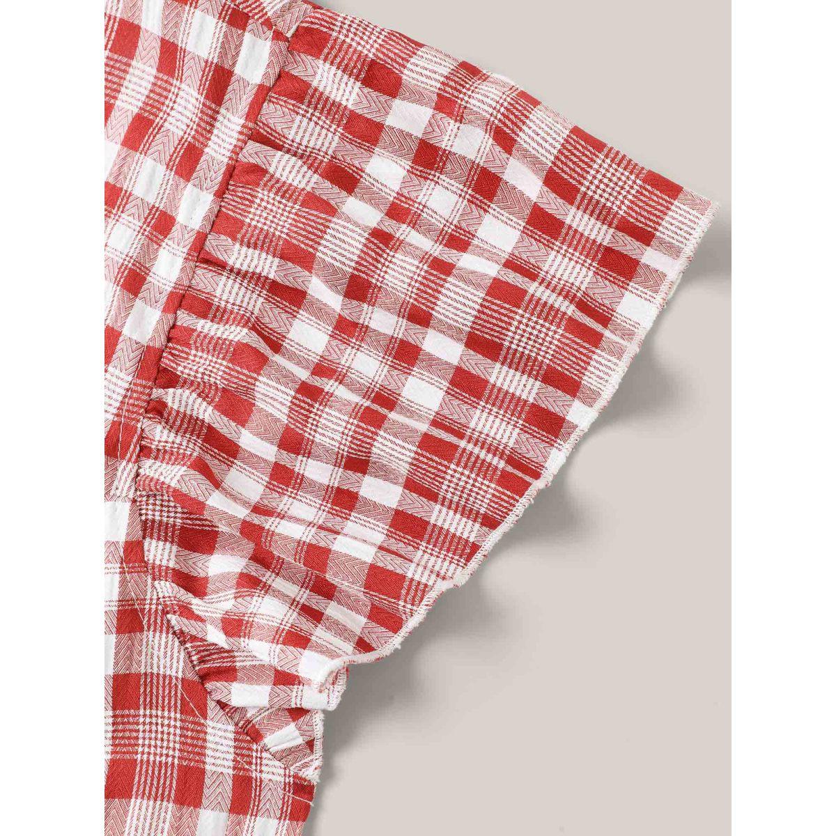 Plus Size Crimson Plaid Print Textured Lotus Leaf Sleeve Shirt Women Casual Cap Sleeve Round Neck Everyday Blouses BloomChic 12/L Product Image